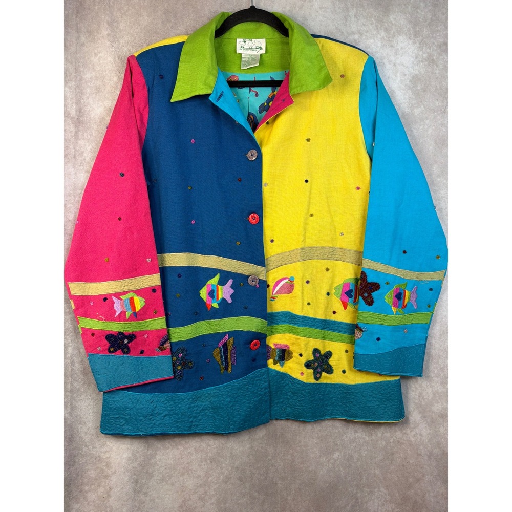 Quaker Factory Women's Colorful Embroidered Sea Life Linen Cotton Shacket Size M